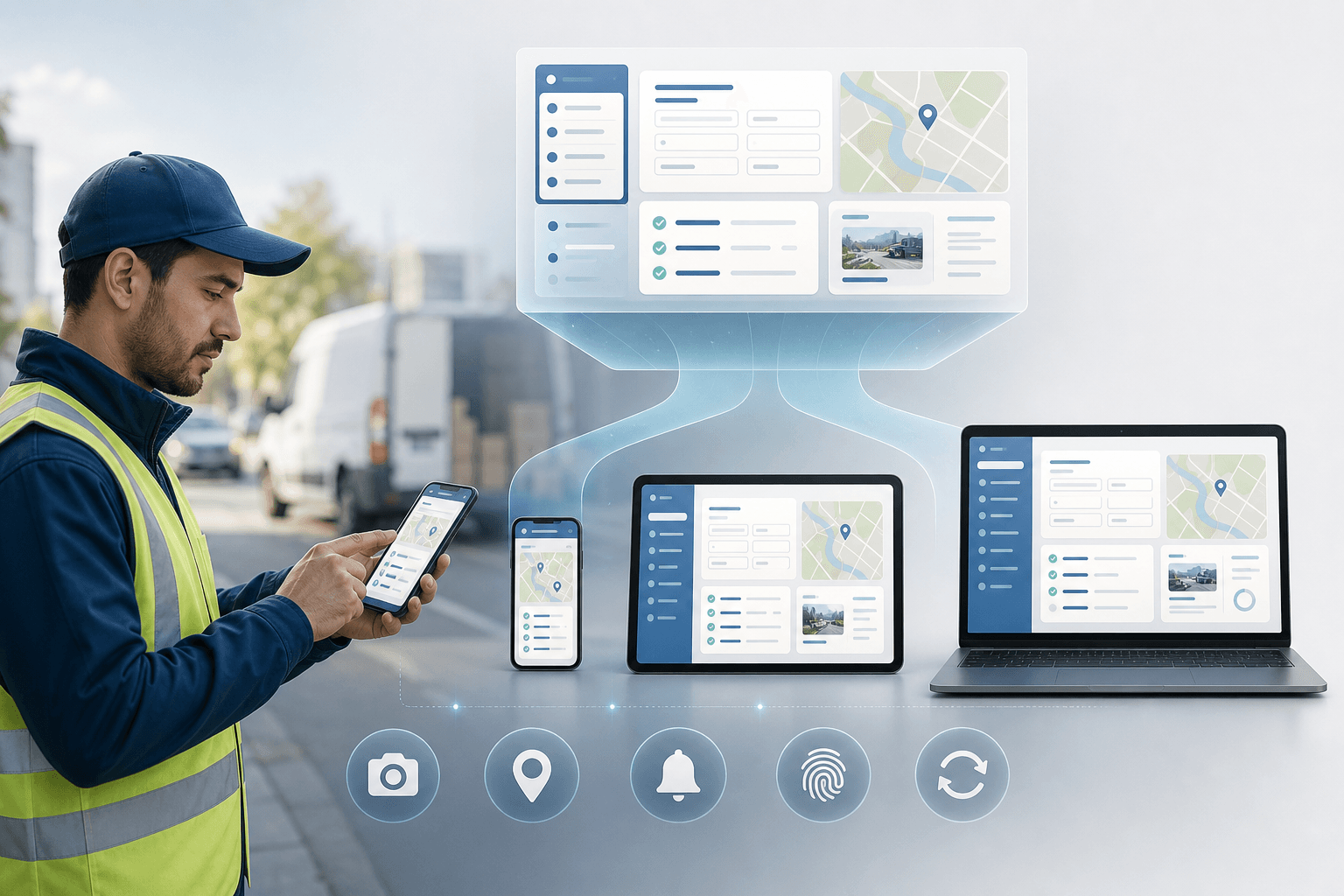 Delivery worker using a smartphone with logistics dashboards and maps displayed across connected devices