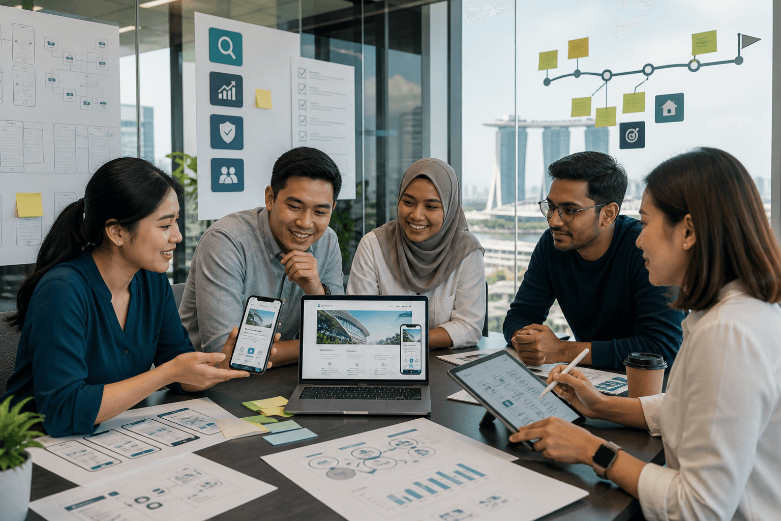 Five coworkers collaborate on a digital product design, reviewing wireframes and prototypes on laptops, tablets, and phones