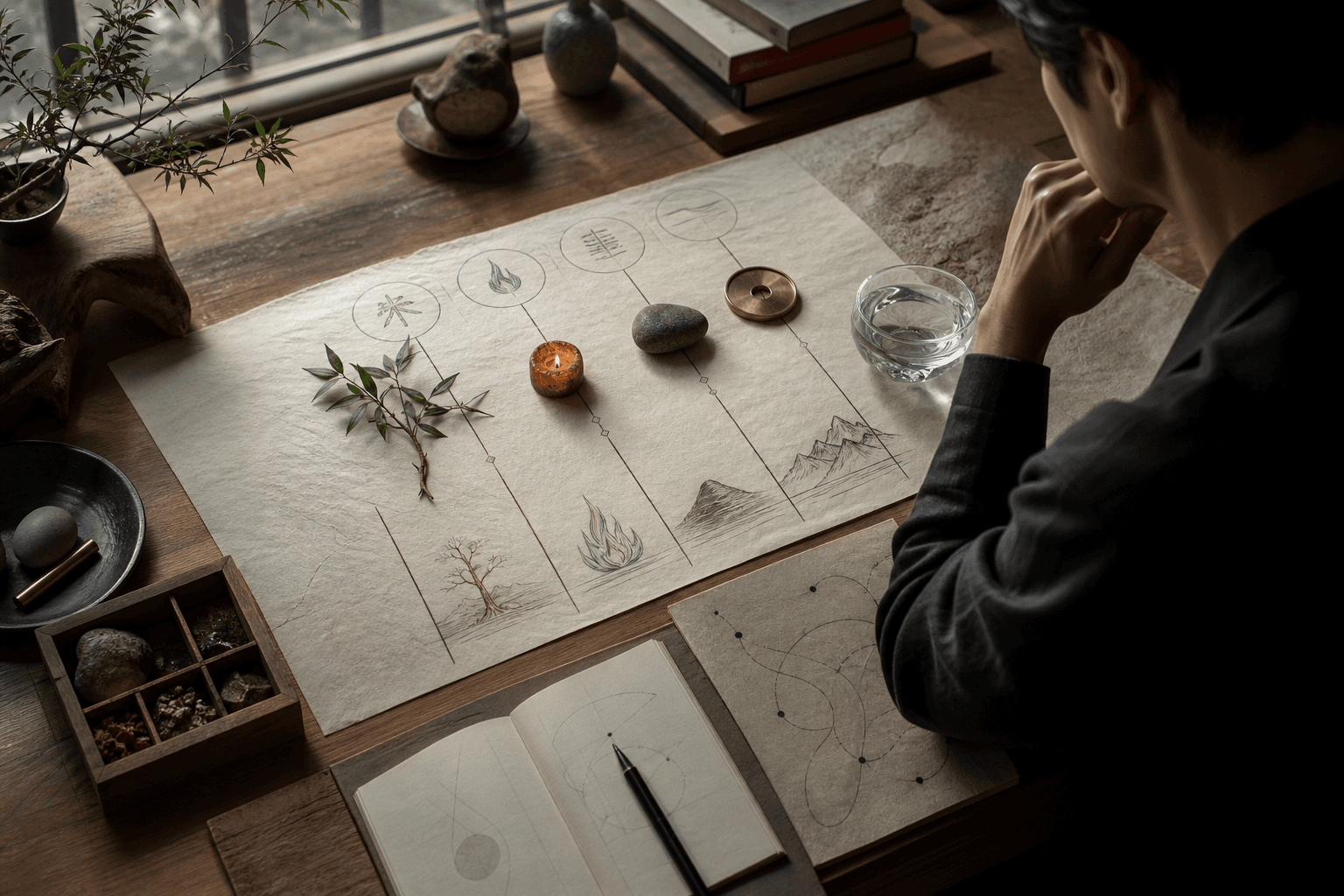 Person studying a hand-drawn diagram of plants, mountains, and symbols at a wooden table