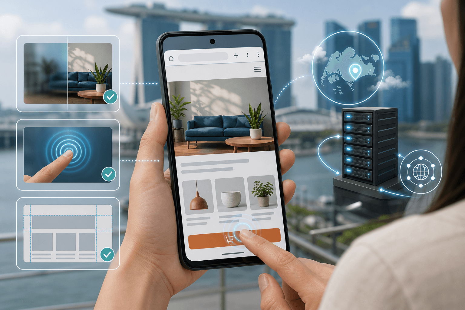 Person uses a smartphone to shop online, with graphics representing website design, location tracking, and cloud servers
