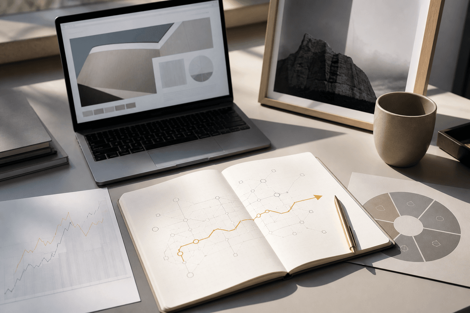 Workspace with a laptop displaying charts, an open notebook with an upward-trending diagram, and printed line and pie charts