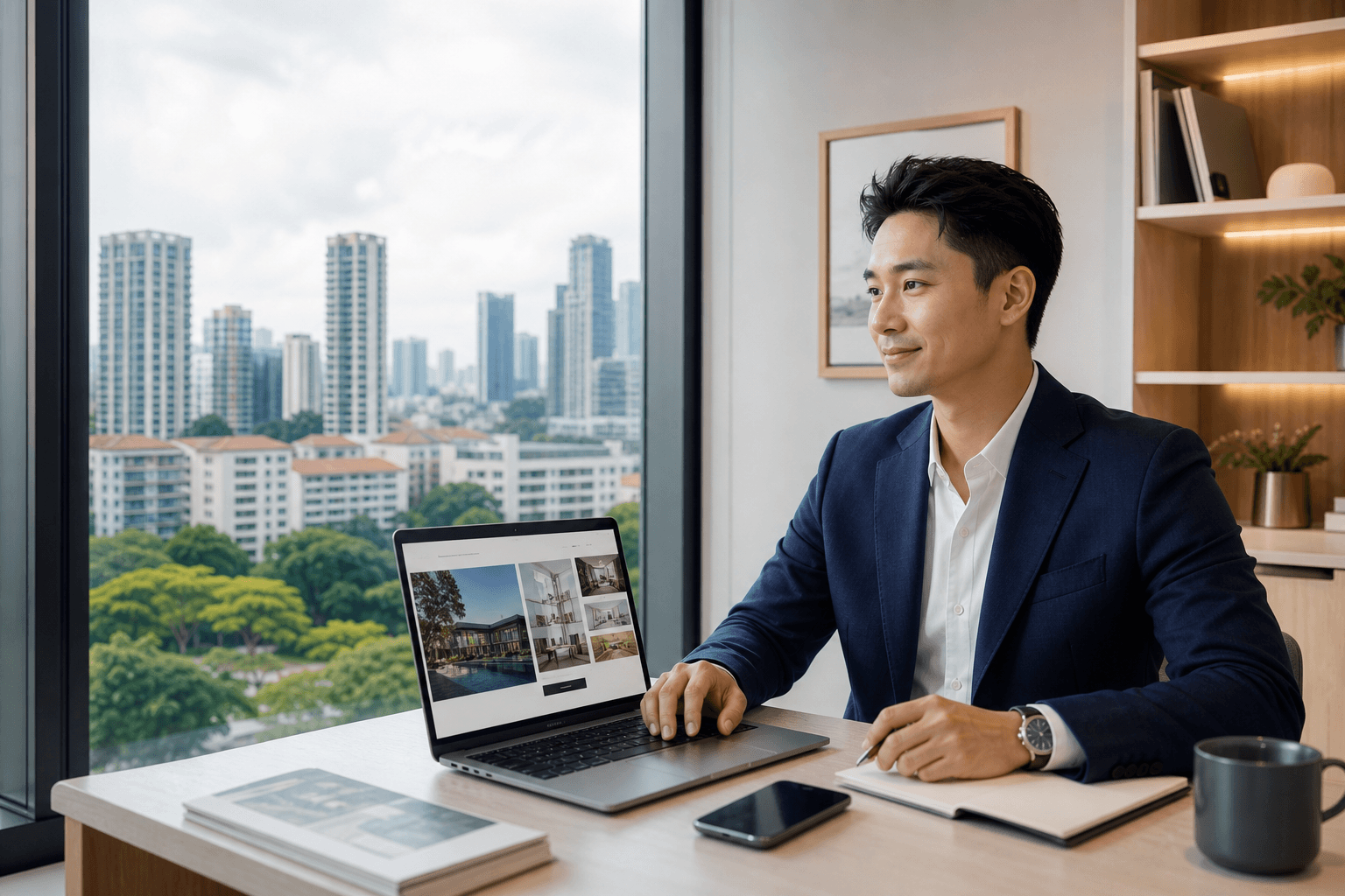 Businessman in a suit reviews a property website on a laptop overlooking a city skyline