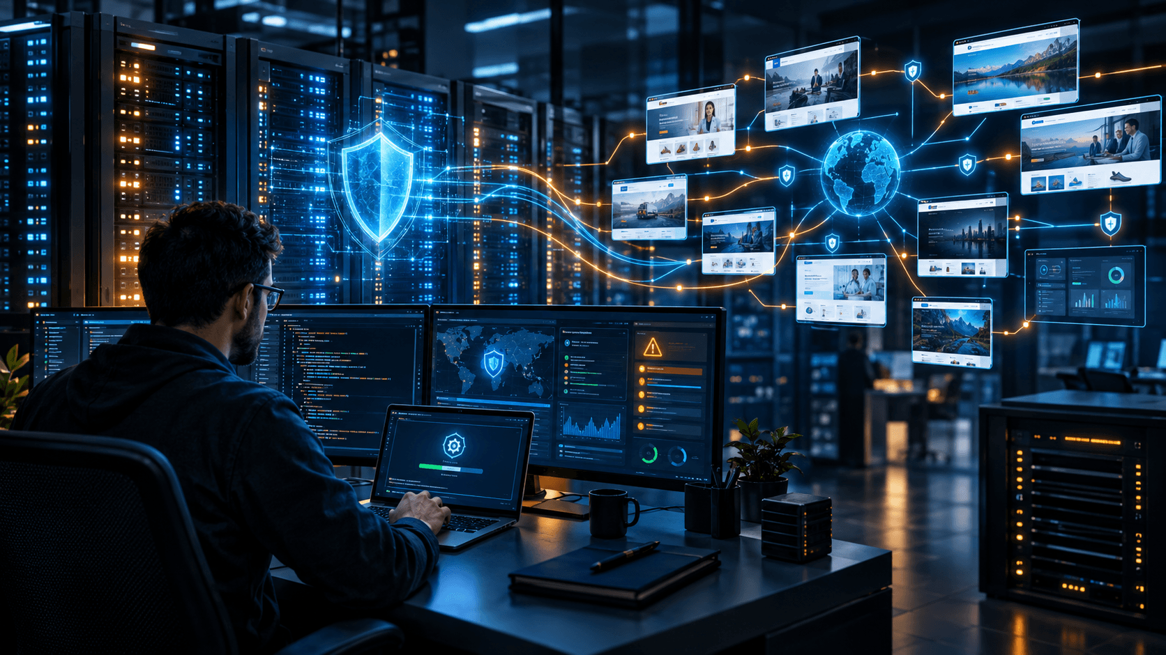 Cybersecurity professional monitoring server infrastructure, code, security alerts, and global network connections