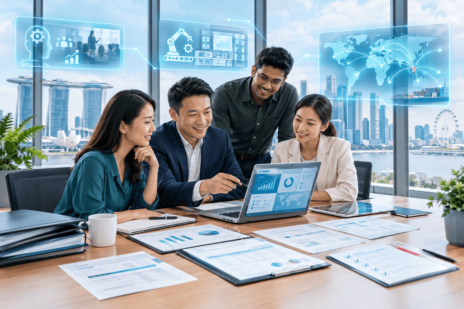 Four business professionals review analytics on a laptop and reports in a modern office overlooking a city skyline