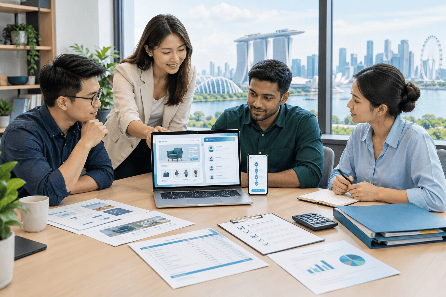 Four coworkers review a digital product interface on a laptop and smartphone during a meeting