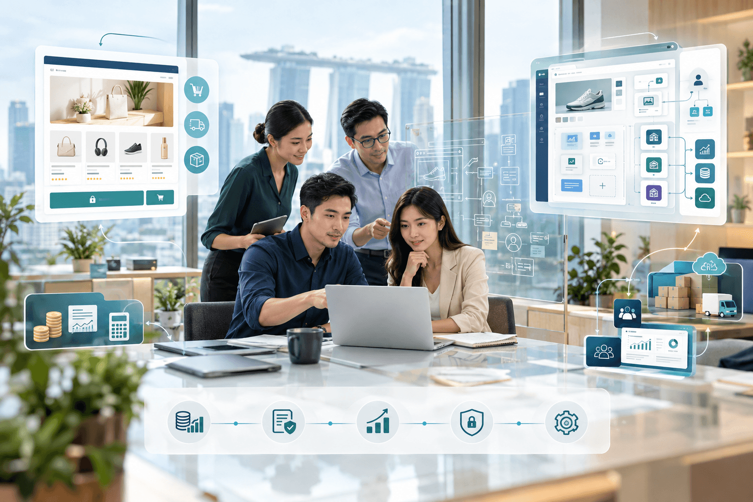 Team collaborating on an e-commerce project with digital interfaces for products, analytics, logistics, security, and cloud services