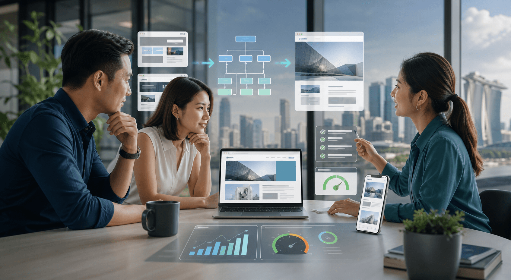 Three colleagues discuss website design and performance analytics, shown with wireframes, flowcharts, dashboards, and charts