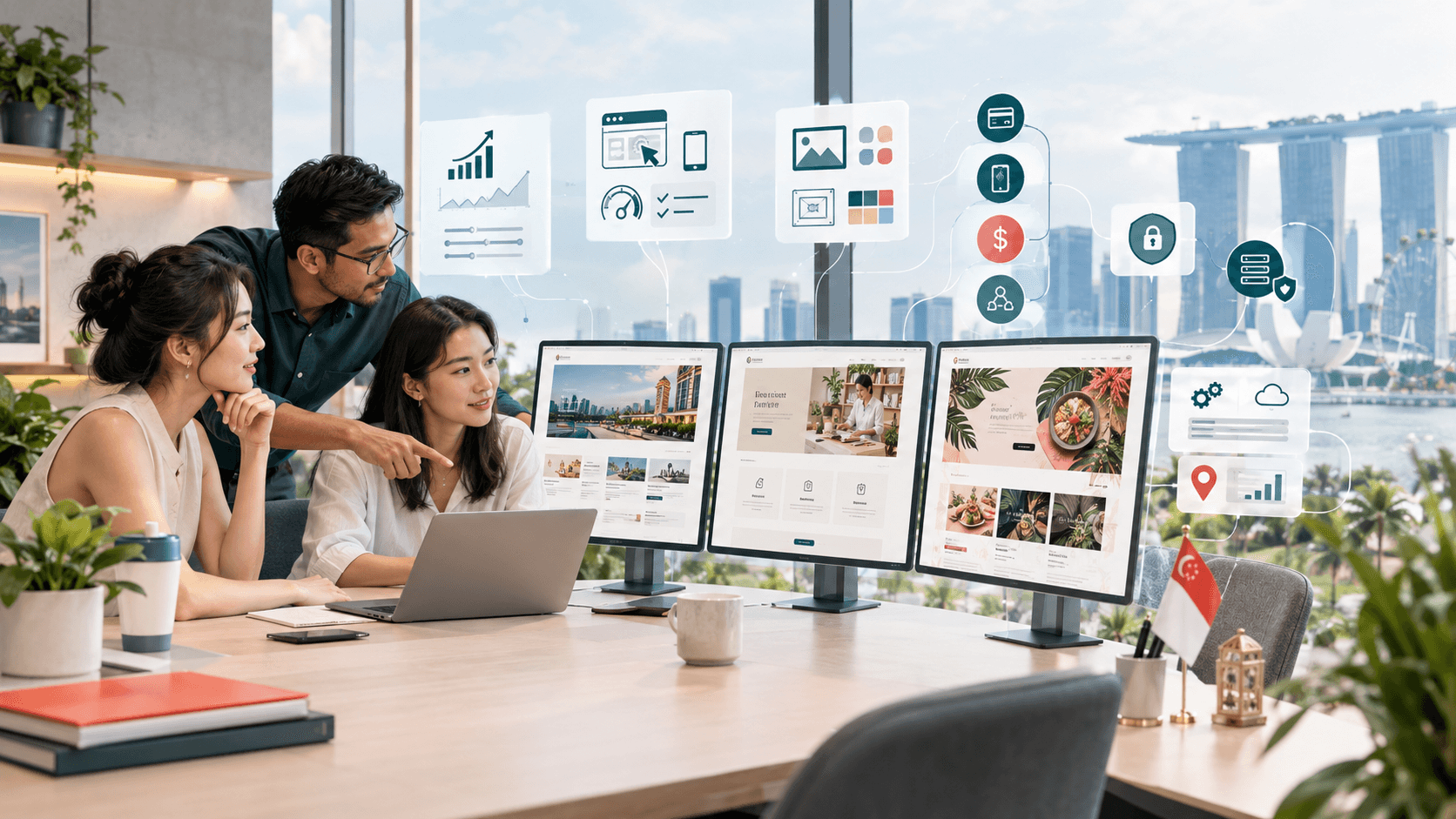 Three coworkers review website designs on multiple monitors in an office overlooking Singapore