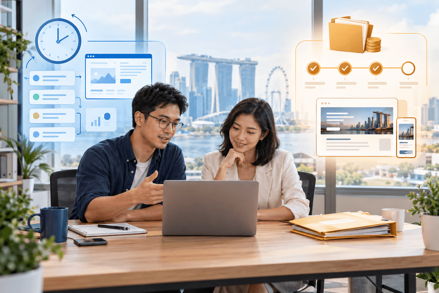 Two coworkers collaborate on a laptop with digital workflow graphics and Singapore’s skyline in the background