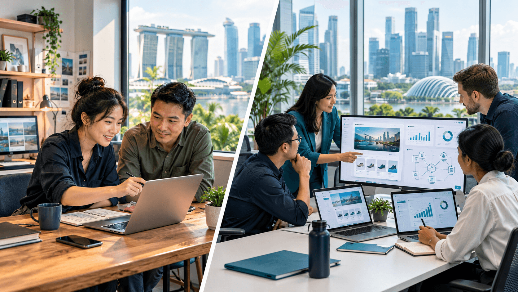 Two office teams collaborate on laptops and data dashboards with Singapore’s skyline visible through the windows