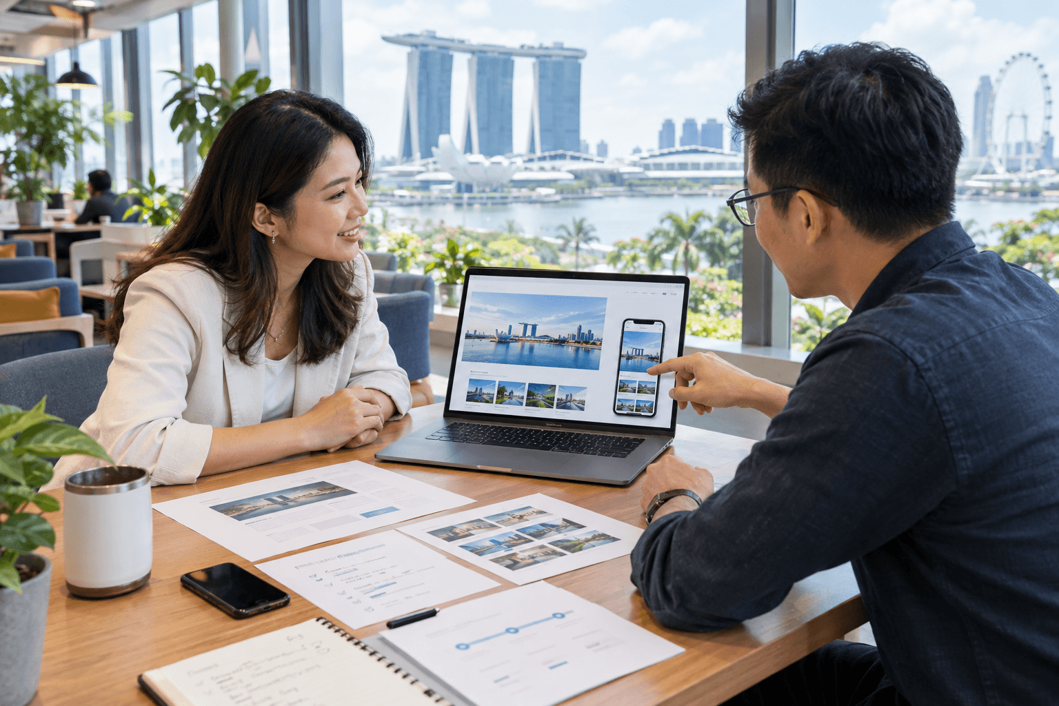 Two people review Singapore travel images on a laptop and phone in a cafe overlooking Marina Bay Sands