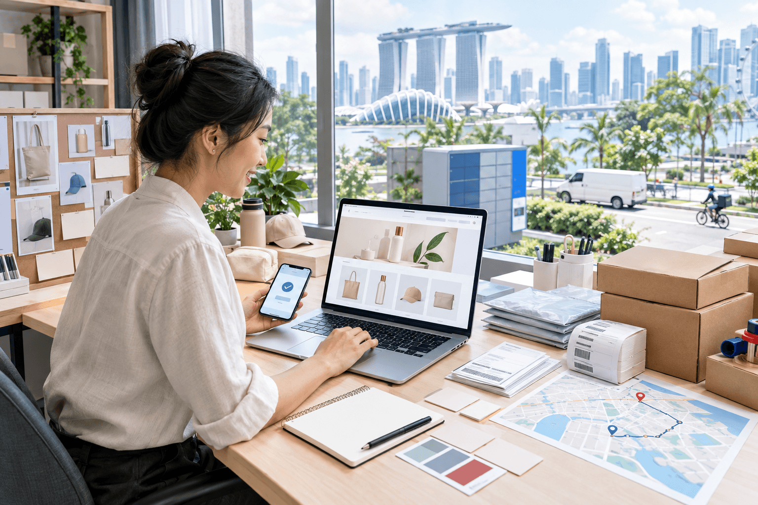Woman managing an online shop with product listings, packaging supplies, and delivery maps at her desk